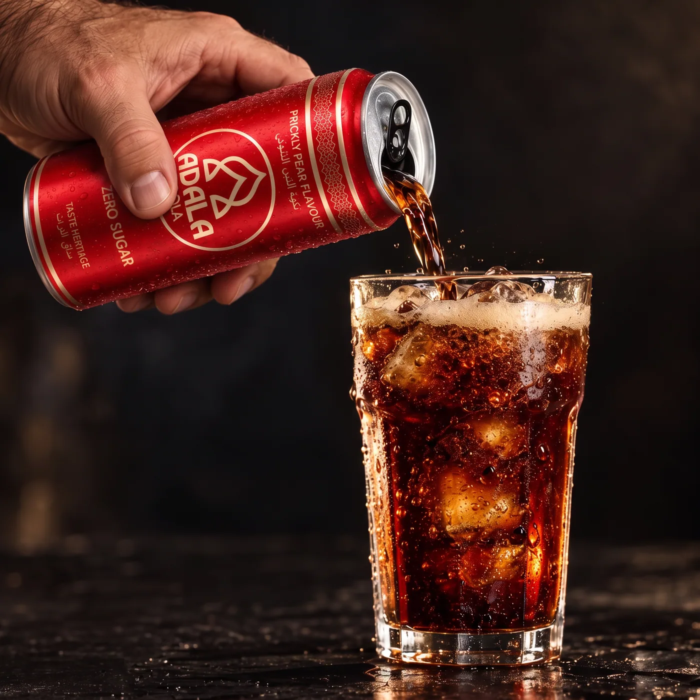 Een blikje Adala Cola wordt in een hoog glas vol ijsblokjes geschonken
