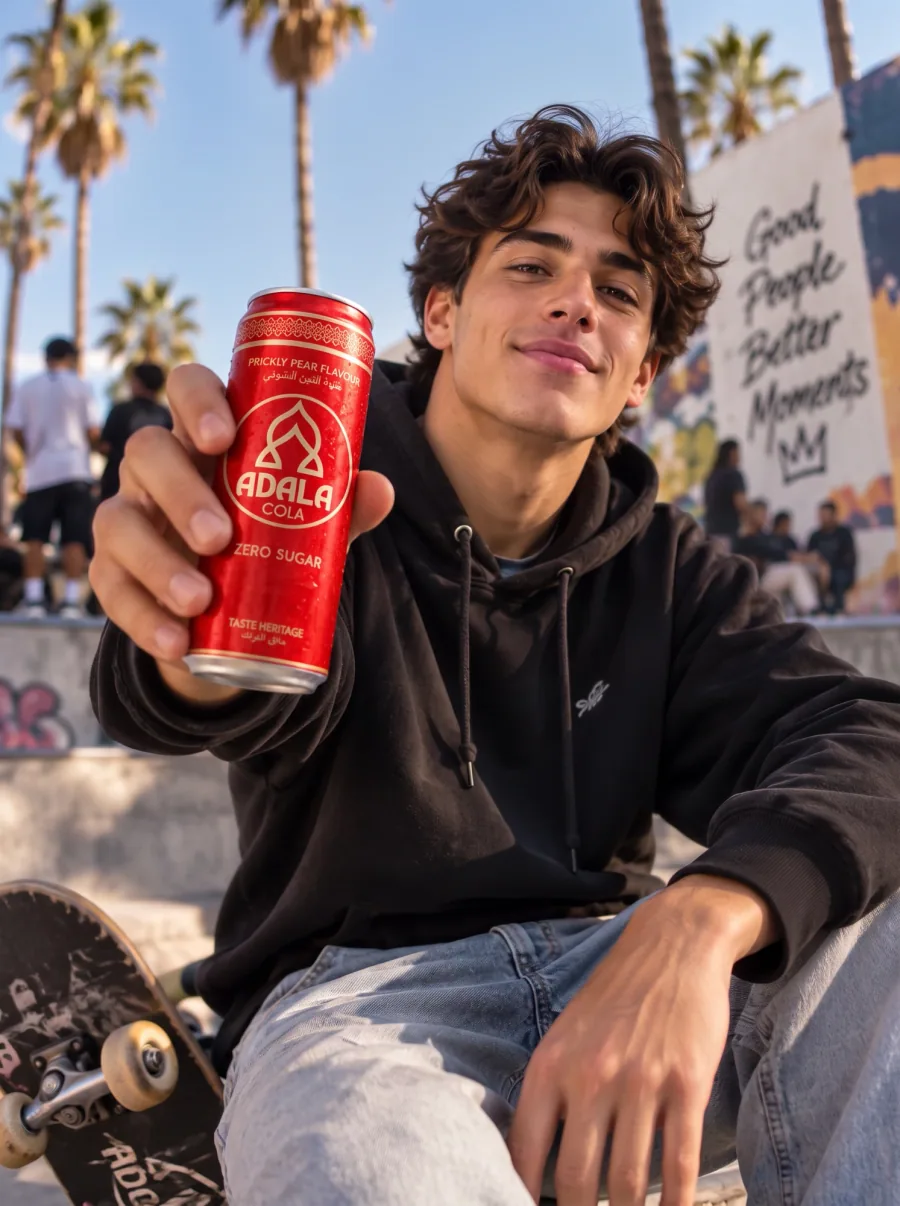 Ambassadeur in een skatepark, blikje naar de camera gericht