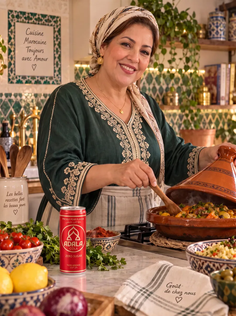 سفيرة تحضّر طاجينًا في مطبخ مغربي، وعلبة أدالة كولا على الطاولة