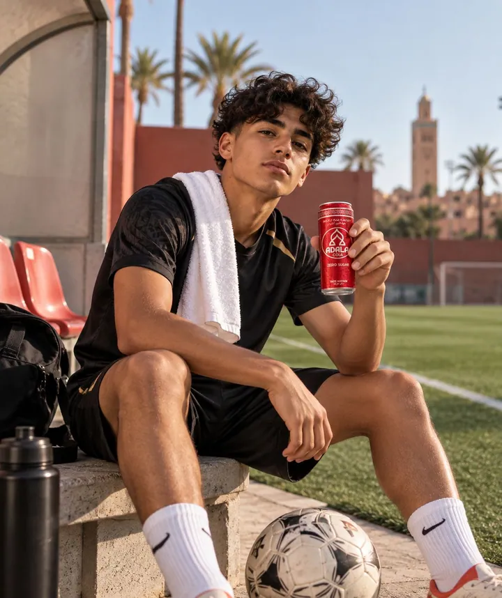 Ambassadeur op een bank naast een voetbalveld met Adala Cola