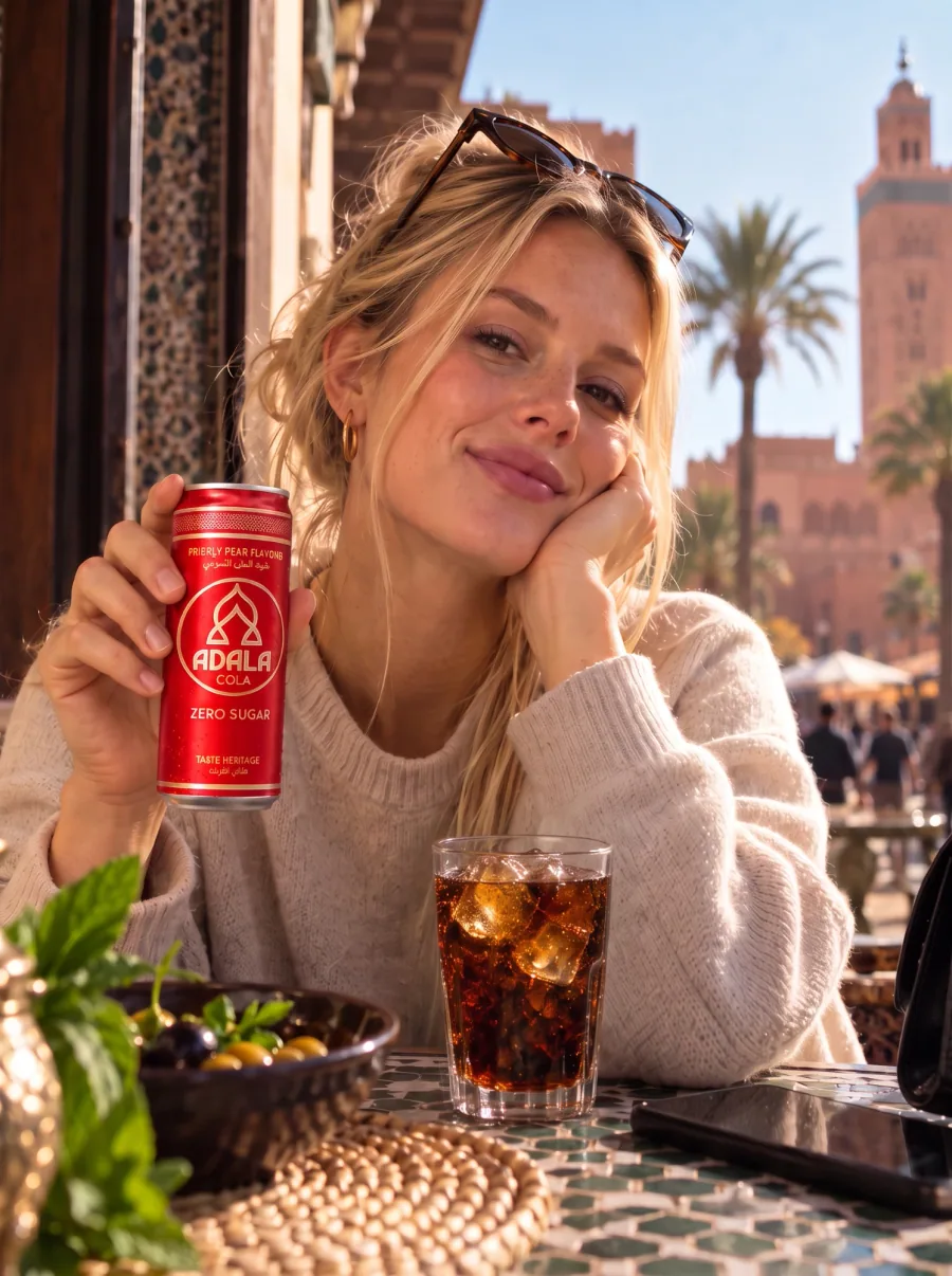Ambassadrice op een caféterras in Marrakech met een glas Adala Cola