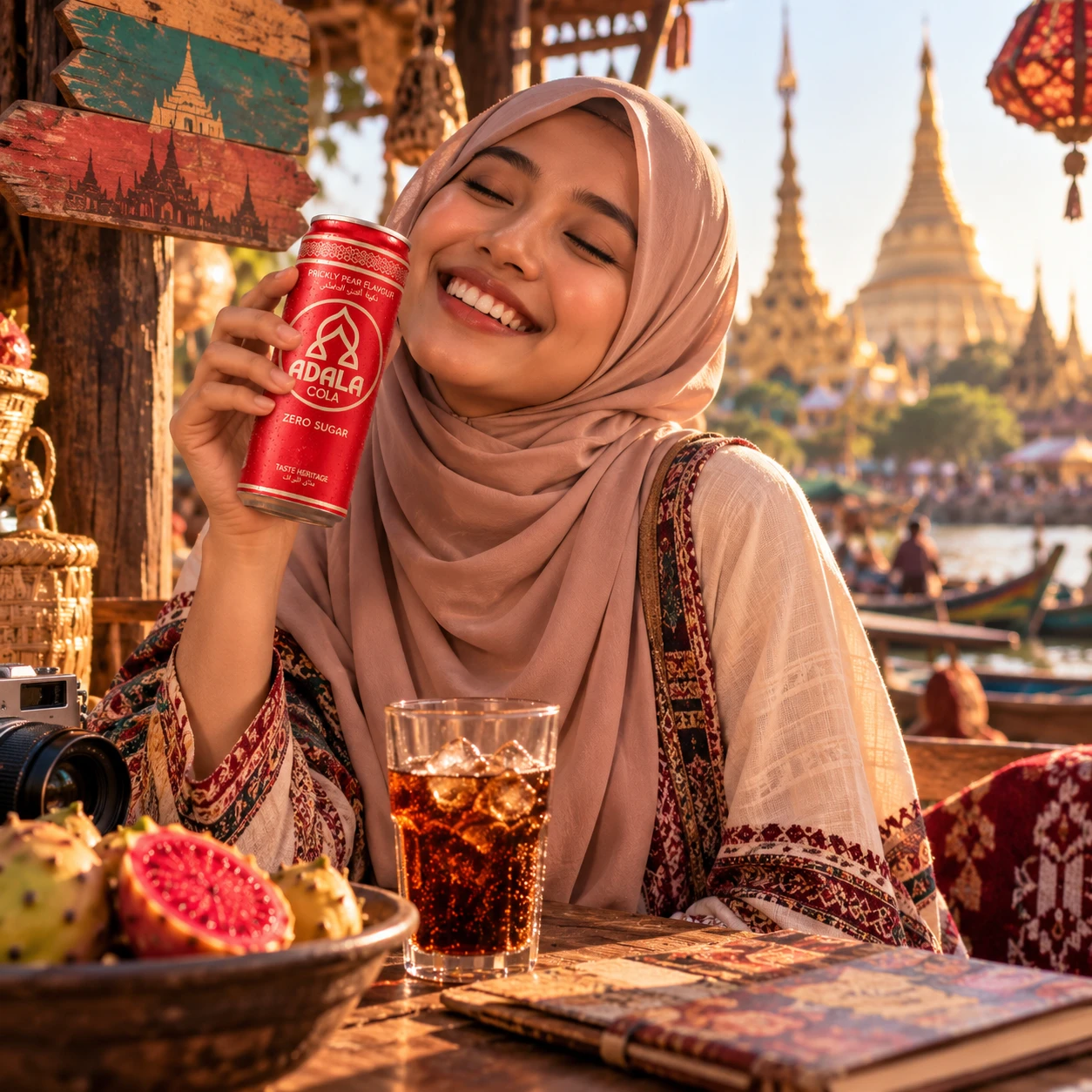 Ambassadrice met hoofddoek die een blikje Adala Cola omhooghoudt op een markt aan het water