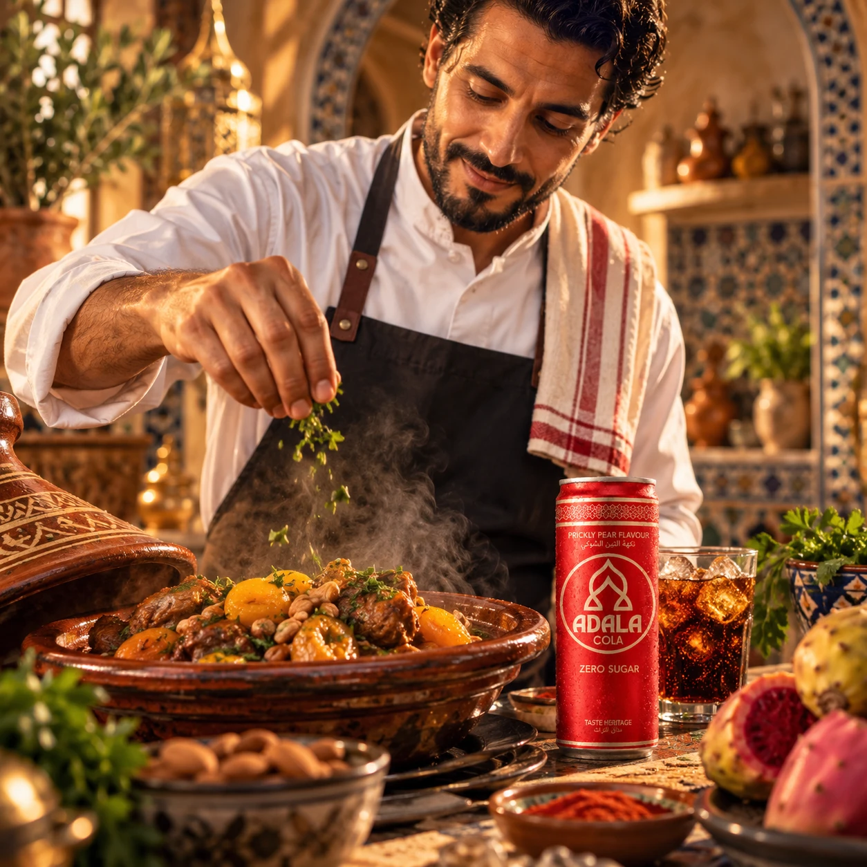Ambassadeur met kokschort die een tajine kruidt, een blikje Adala Cola op tafel