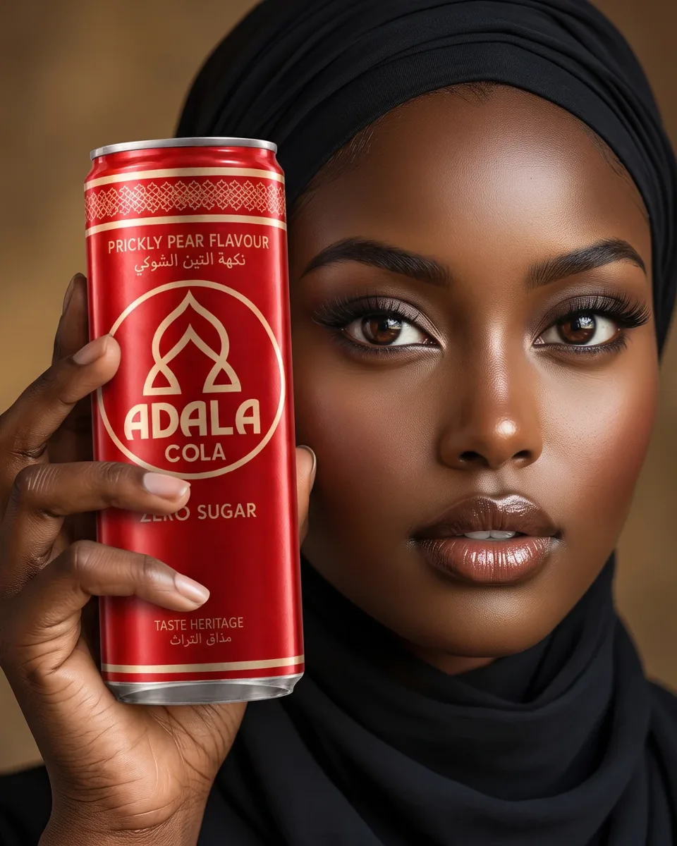 Ambassadrice met een zwarte hoofddoek die een blikje Adala Cola naast haar gezicht houdt