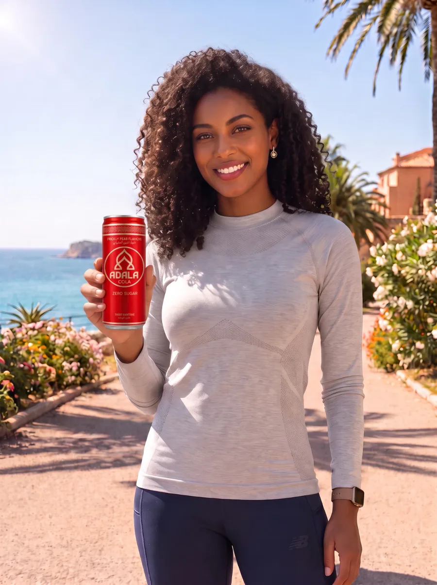 Ambassadrice in sportkleding op een boulevard aan zee, met een blikje Adala Cola in de hand