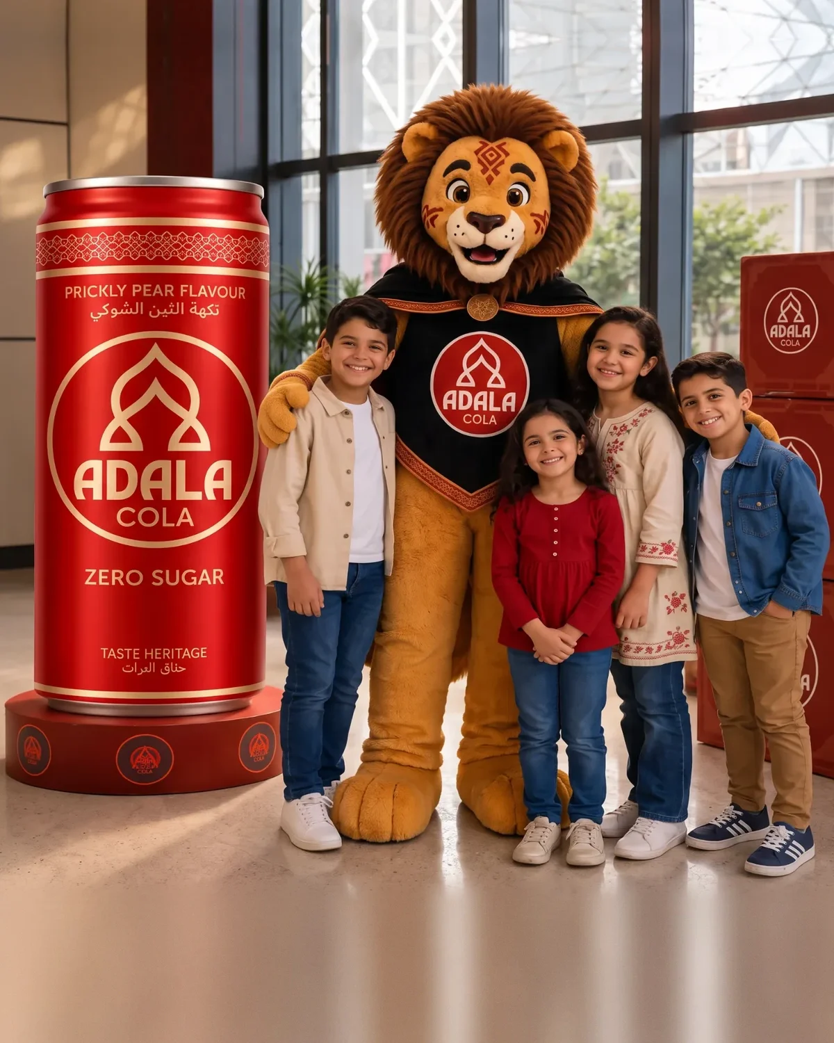 أطلس محاطًا بأربعة أطفال أمام علبة عملاقة
