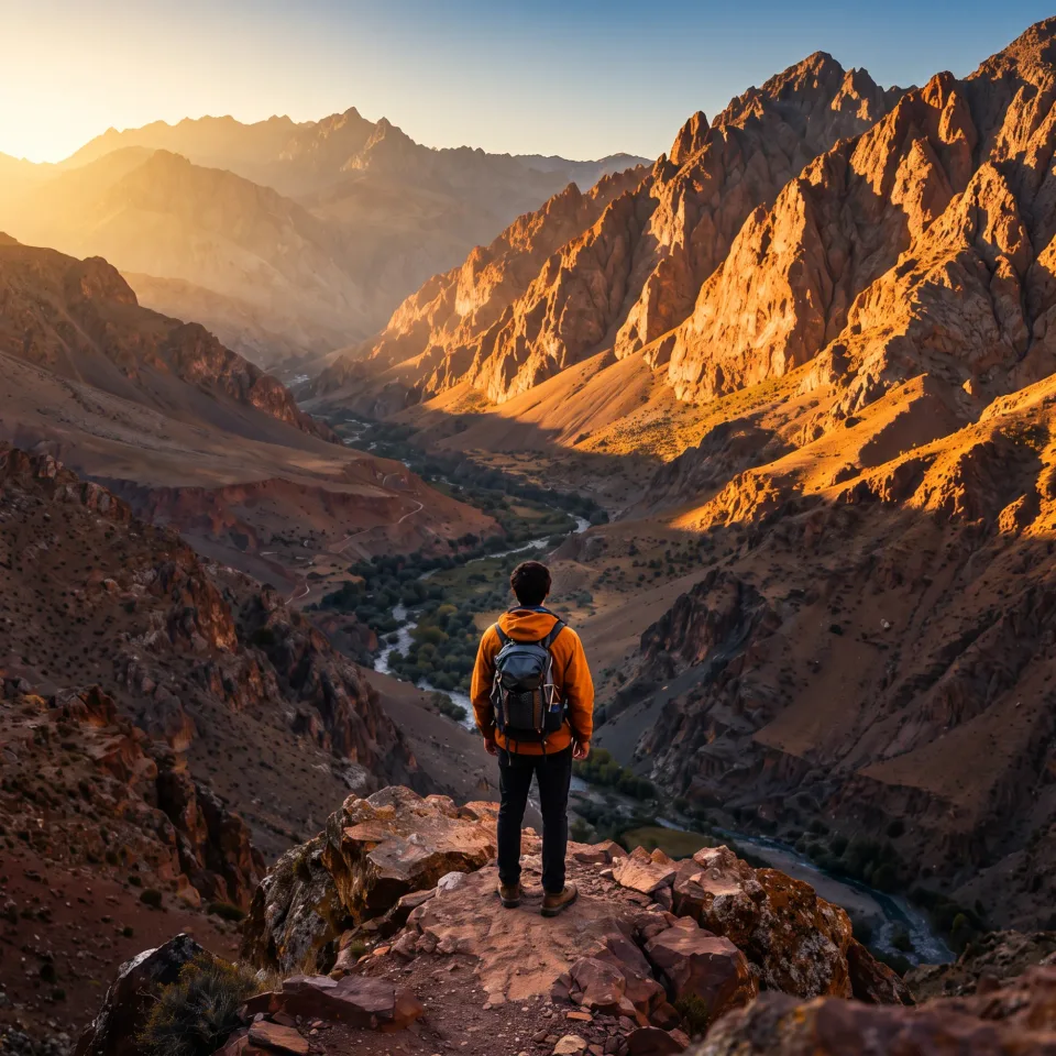 متسلّق يتأمل الوادي من قمة الجبل عند الغروب