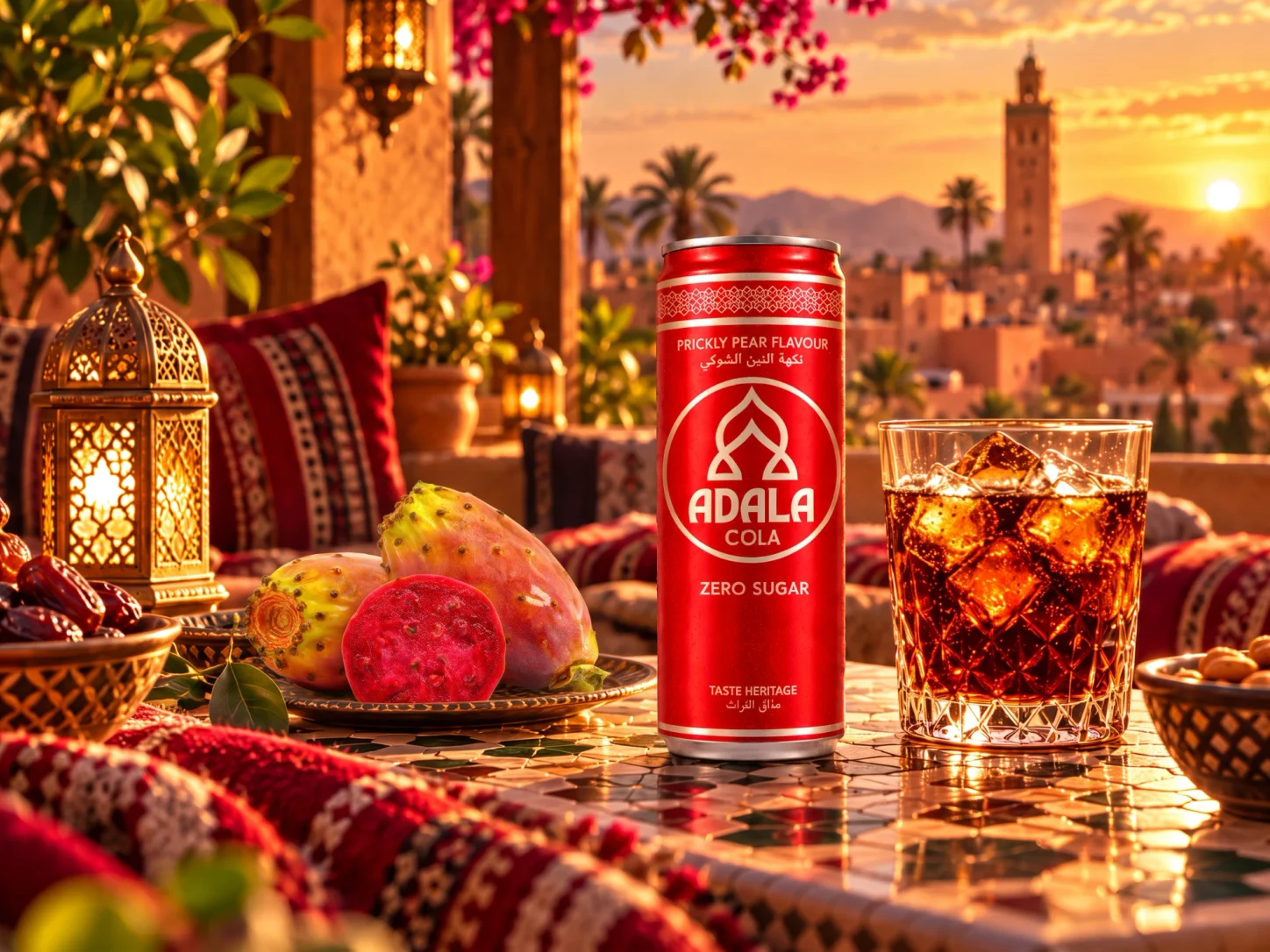 على المائدة — علبة أدالة كولا على شرفة في مراكش عند الغروب، إلى جانب حاسوب محمول تظهر عليه رسالة جديدة
