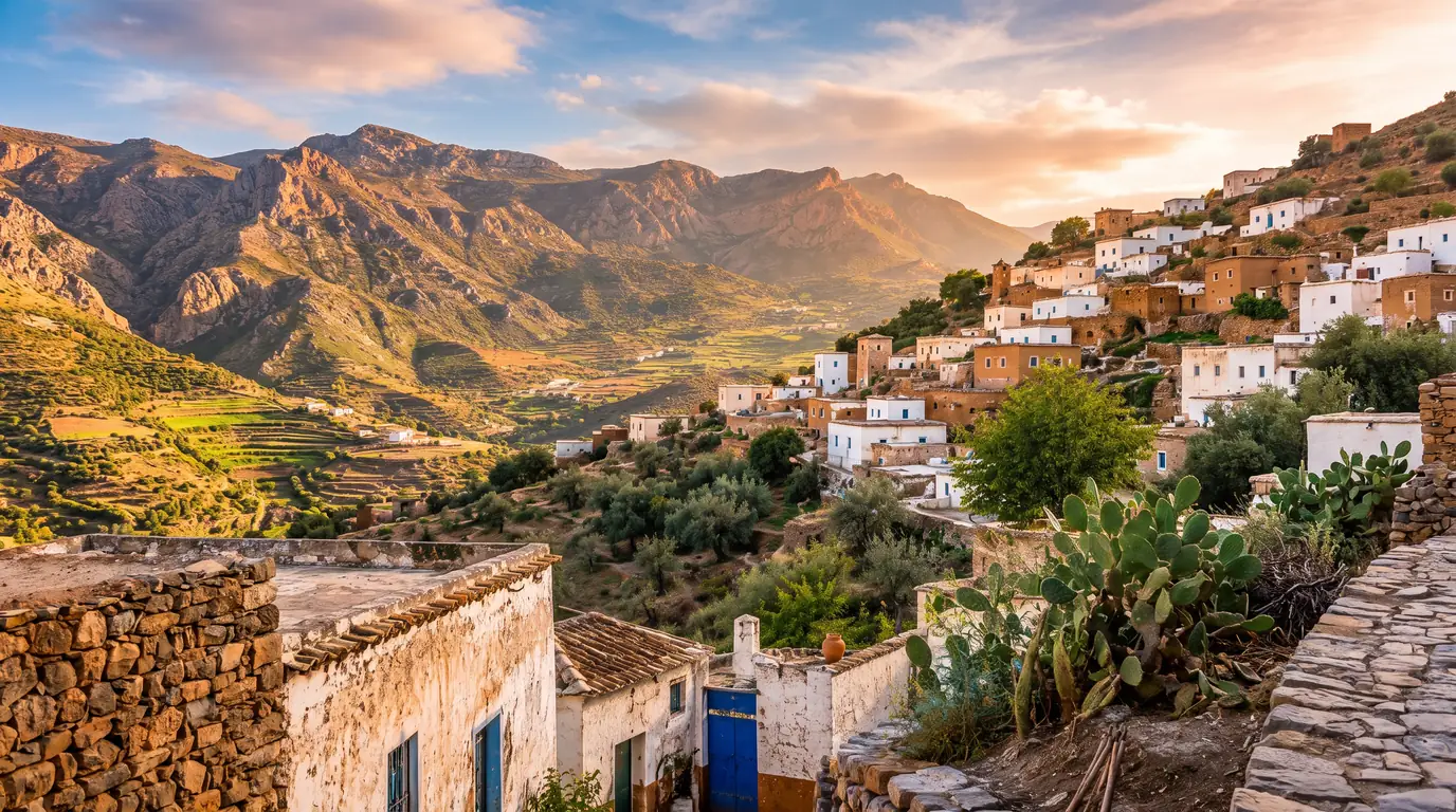 قرية جبلية في المغرب: بيوت بيضاء على السفح، ومدرّجات زراعية في الوادي، وصبار التين الشوكي في المقدمة